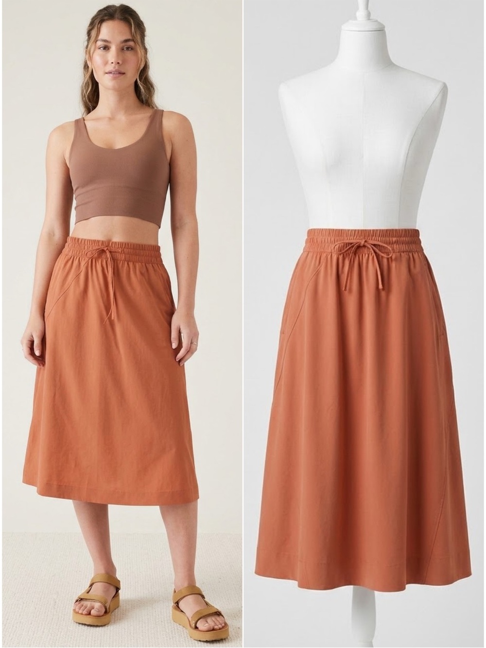 Athleta Arrival Midi Skirt Sunbaked Clay Drawstring Waist Zip Pockets Size 12